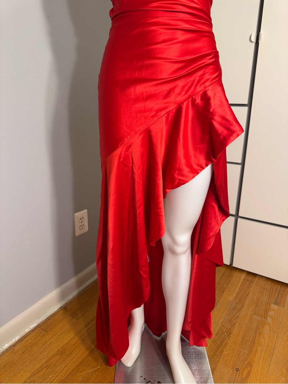 Satin Red Halter High-Low Ruffle Dress - Picture 4 of 5